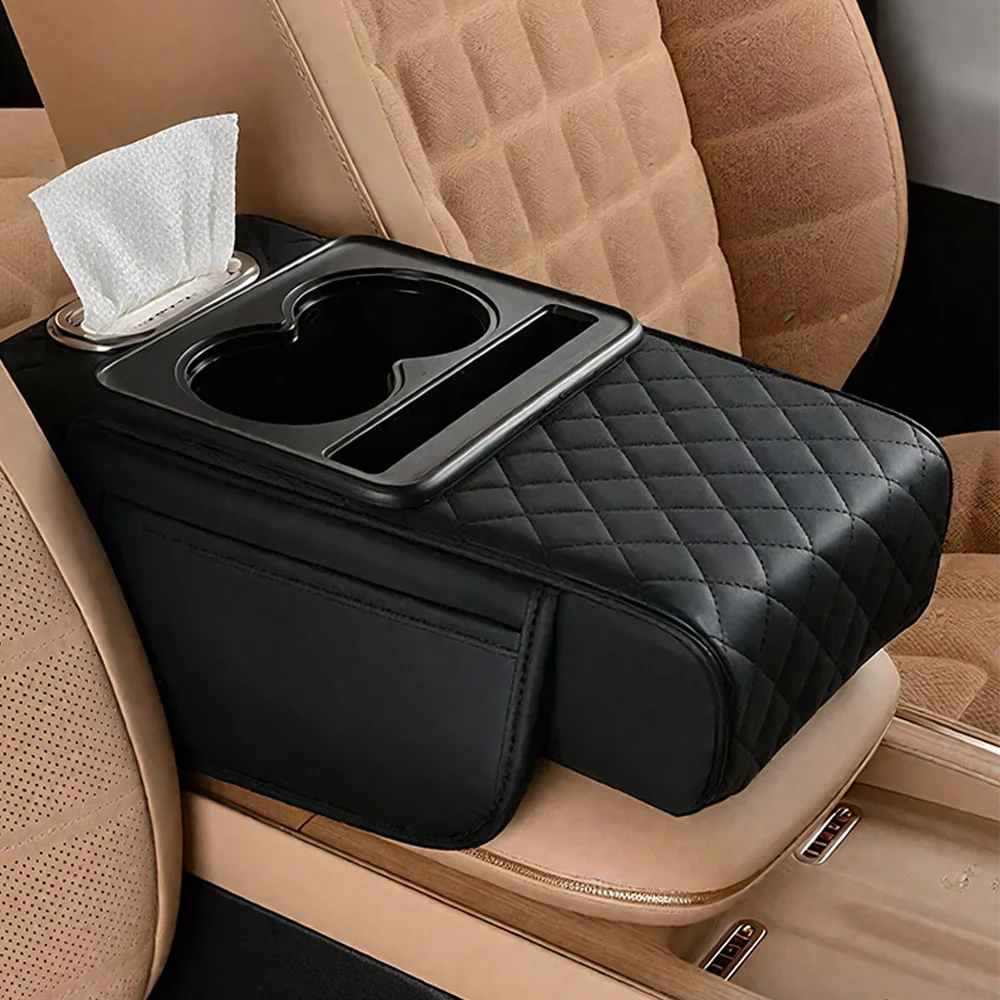 Car Armrest Box Pad 7.5cm Thicken Height Arm Rest Cushion with Pocket Tissue Cup Holder Memory Cotton Elbow Support Height Pad