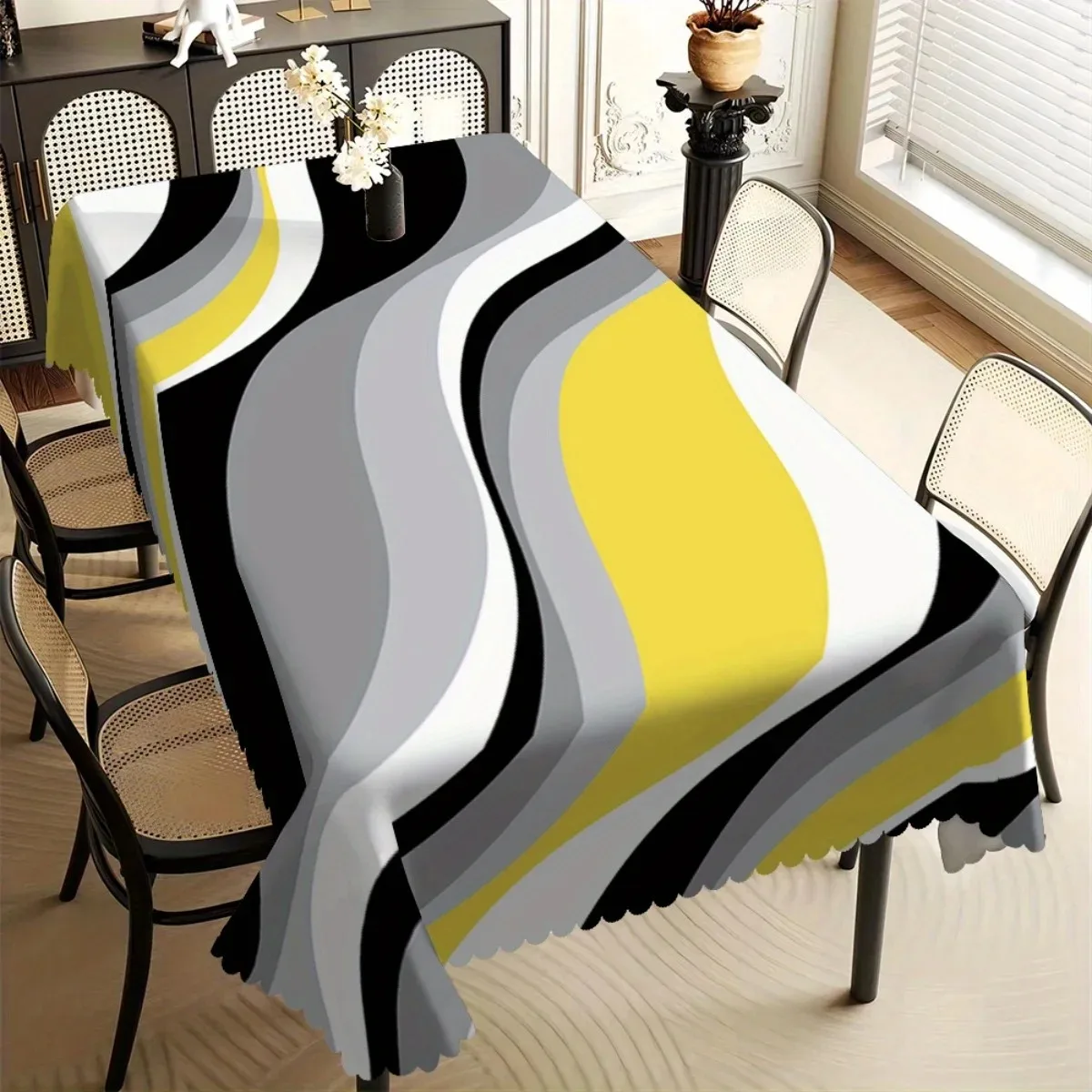 

Black Grey Yellow Wave Waterproof Polyester Tablecloth 2D Flat Printed Table Cover For Kitchen Dining Room Home Decor