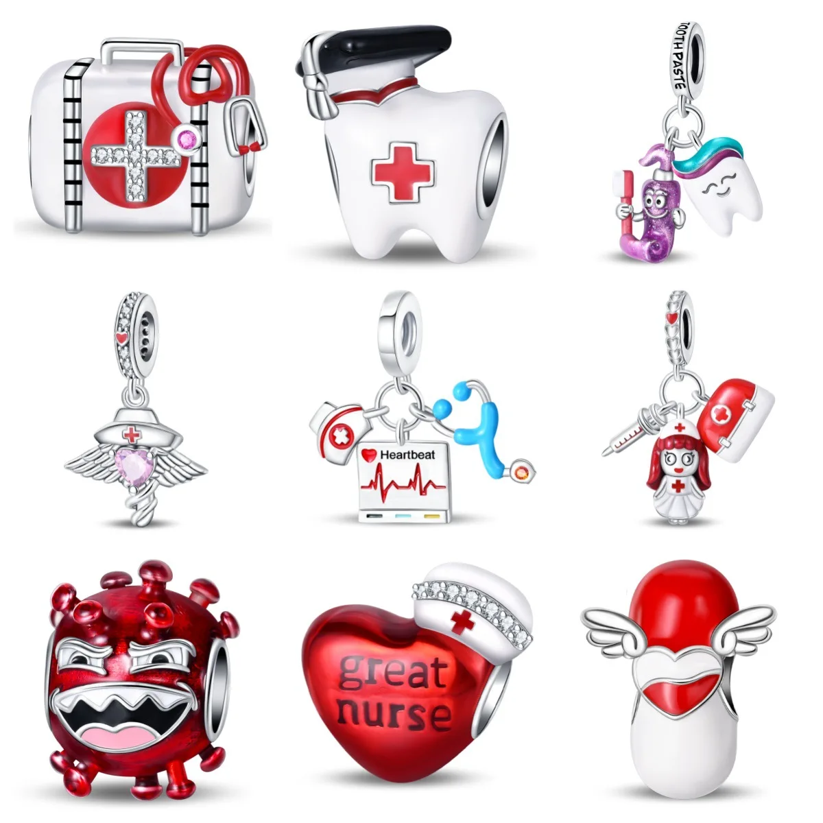 Original Charms Silver Plated Beads Fit Bracelets Charms Diy Women Gift Accessory  Tooth Virus First Aid Box Crystal Pendant