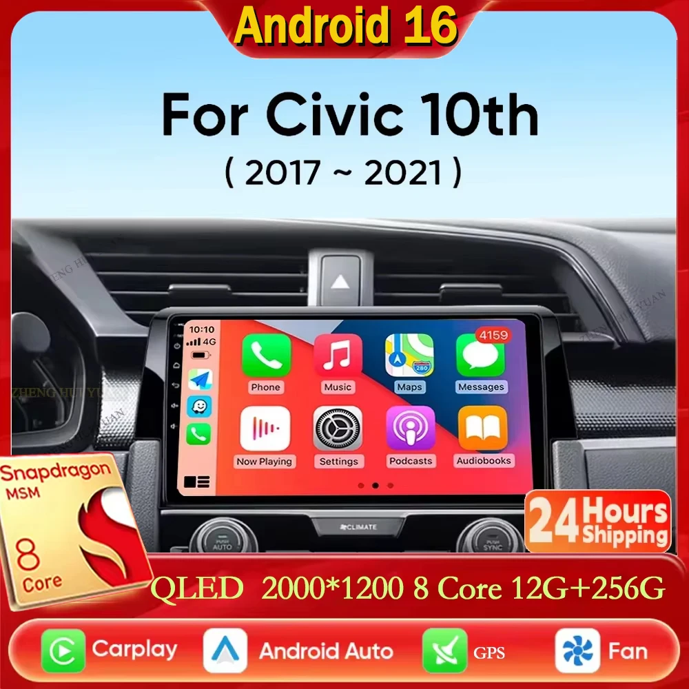 Android 16 pour Honda Civic 10ème génération 2016 2017 2018 2019-2021 Carplay Auto Autoradio Lecteur multimédia vidéo Navigation GPS 4G WIFI
