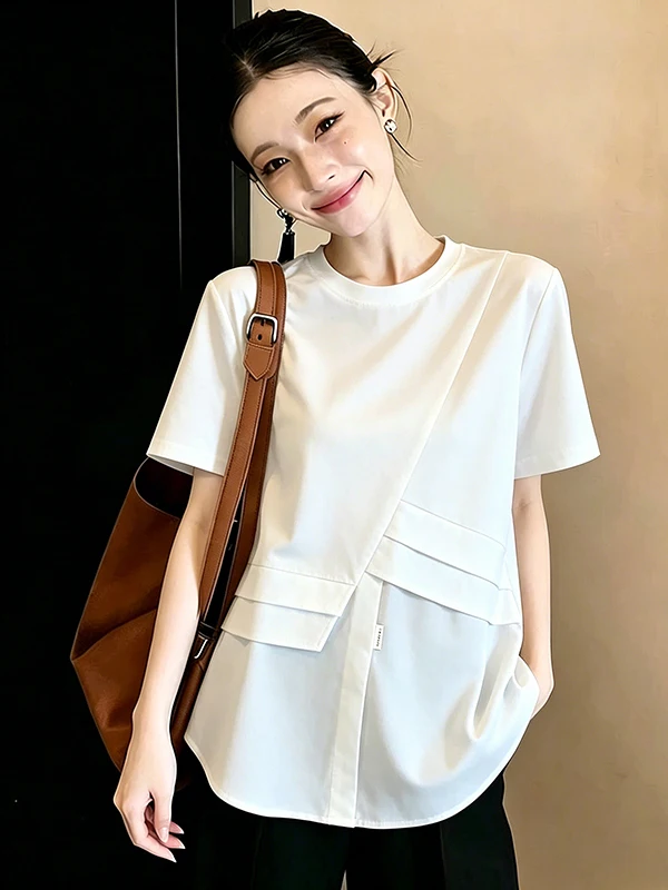 

Летняя повседневная футболка больших размеров с пэчворком для женщин: свободный крой, стройнящий эффект, модный омолаживающий топ в корейском стиле для фигуры типа «груша»