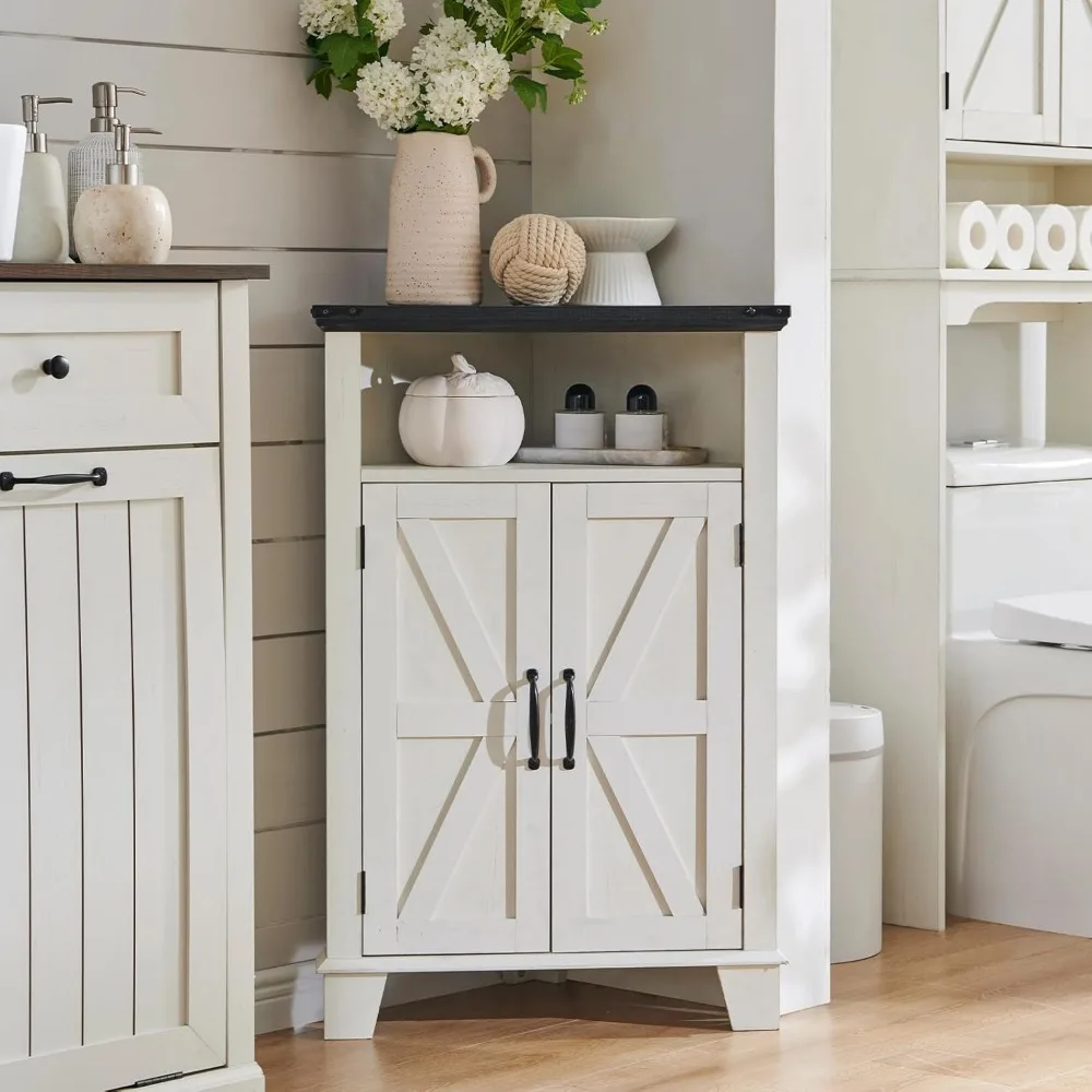 Corner Bathroom Cabinet, Farmhouse Small Corner Cabinet with Barn Door & Adjustable Shelf, Corner Kitchen Cabinet, Storage Cabin