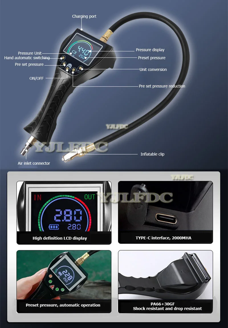 TB902 مقياس ضغط الإطارات الرقمي قابلة للشحن التلقائي منفاخ لإطارات السيارة باليد بالكامل بندقية التضخم مقياس الهواء إصلاح متجر أداة
