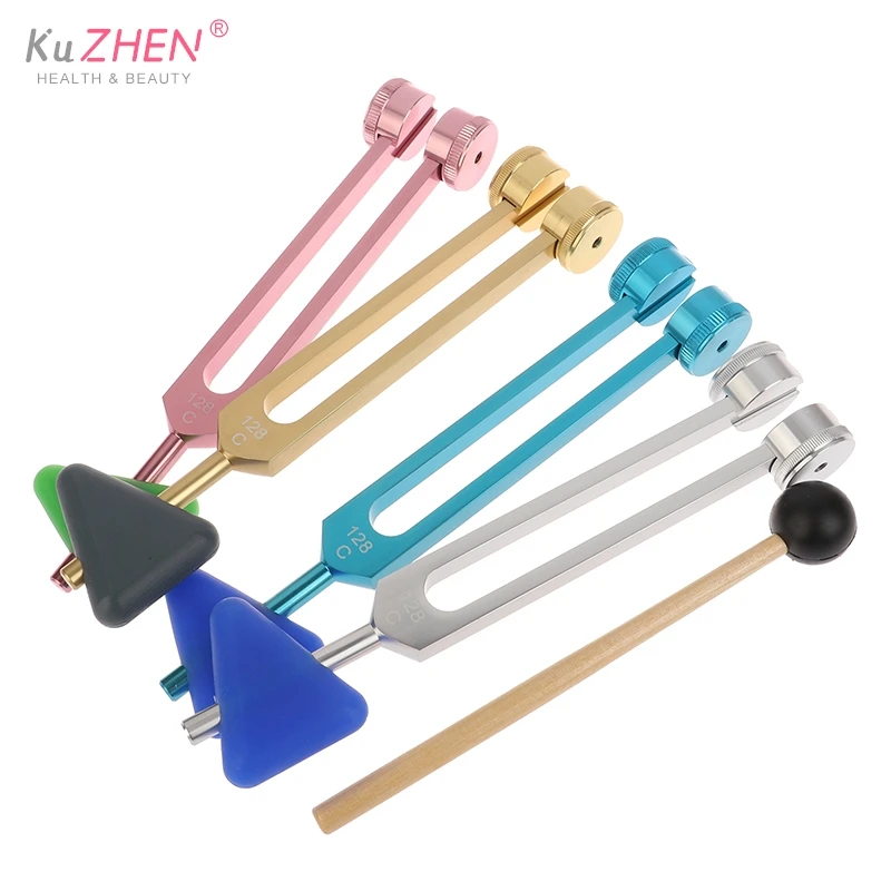 Medical 128 Hz Neurological Chakra Tuning Fork Ball Set with Triangle Percussion Reflex Hammer for Sound Healing Massage Therapy