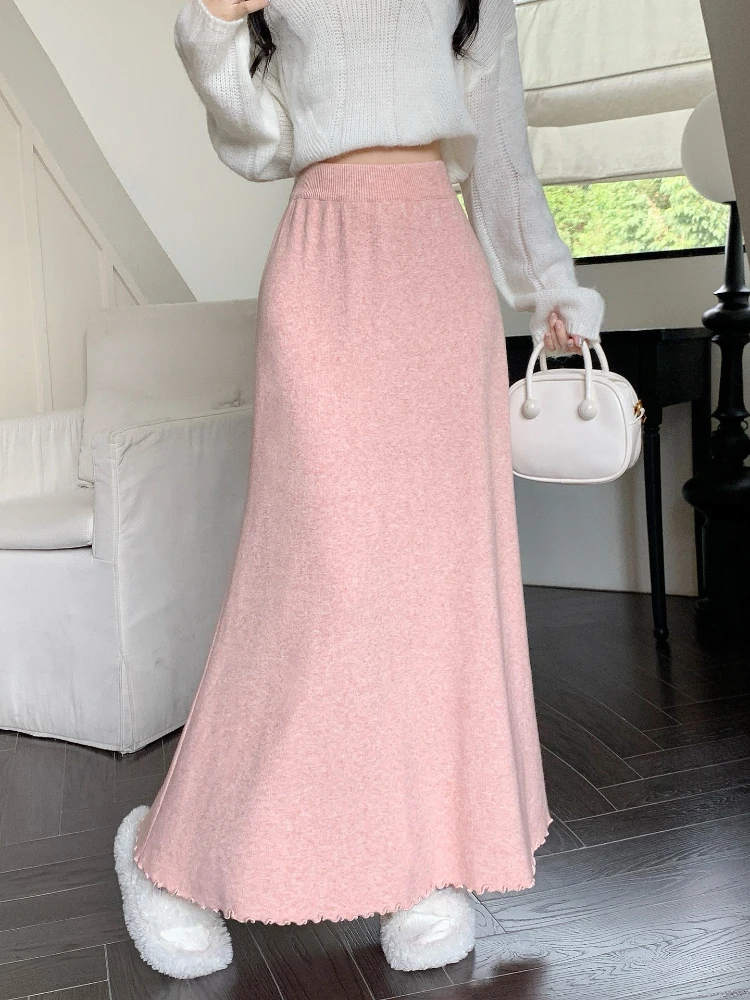

Ruffle trim knitted fishtail skirt women's autumn and winter 2025 new style slimming A-line elegant wrapped hip long skirt