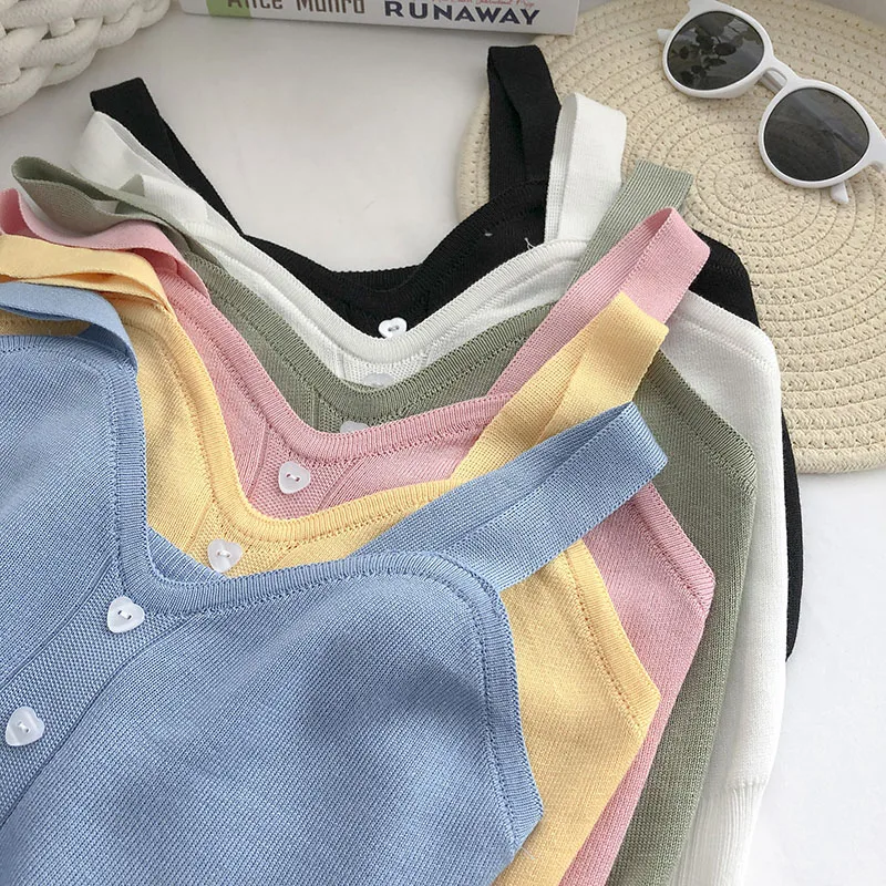 2023 Summer Plain Tops Women Button Up Crop Tops Cute Knitted Soft Beach Cute Tank Tops Soft Stretchy Crop Tops For Women