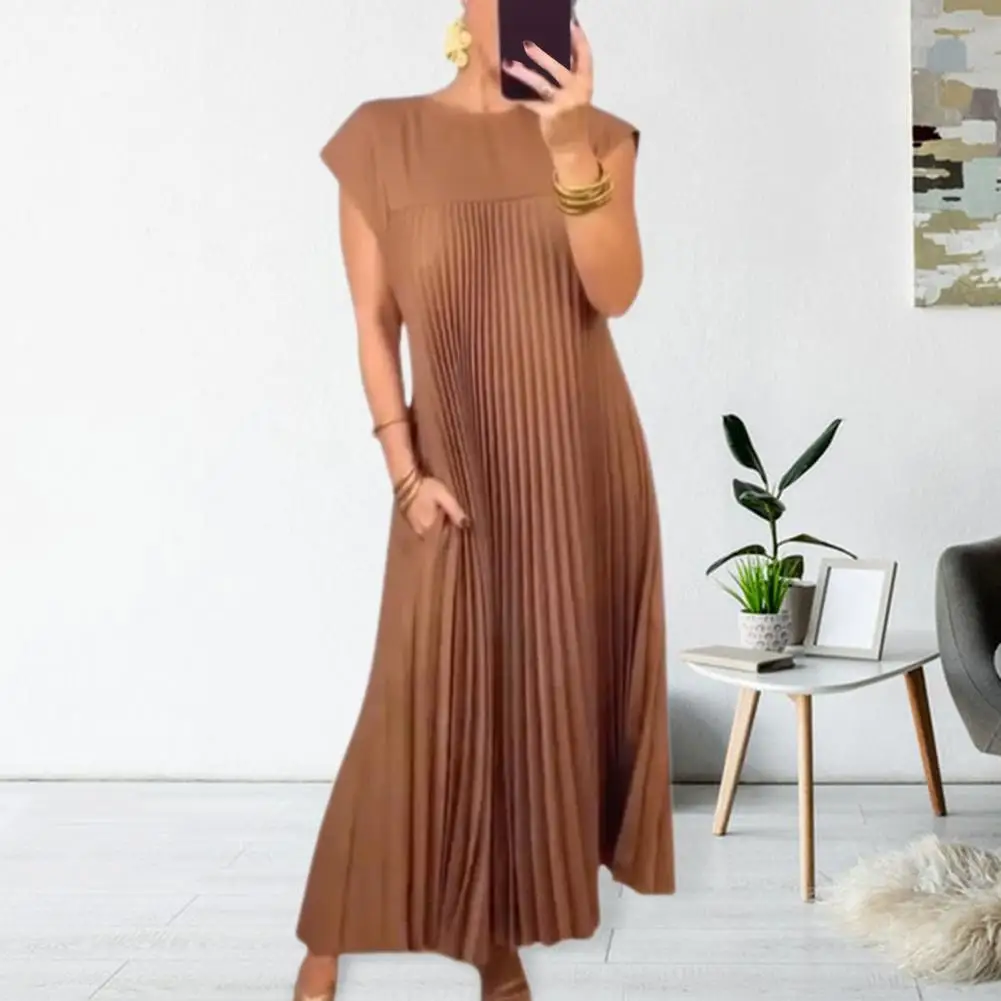 

French Pleated Dress Women Short Sleeve O Neck Solid A-line Dresses 2024 New Summer Chiffon Vacation Beach Sundress