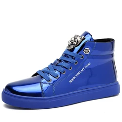 Baskets montantes en cuir à paillettes pour hommes, chaussures de luxe, streetwear hip-hop, bleu, designer, tendance, mode, offre spéciale