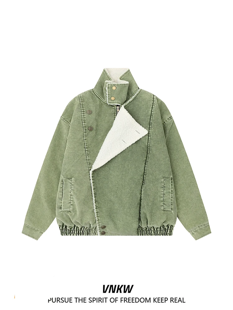 

American Retro Corduroy Stand Collar Cotton Jaet Thiened Warm Youth Faion Loose Fit Lamb Fur Cotton Coat for Men And Women