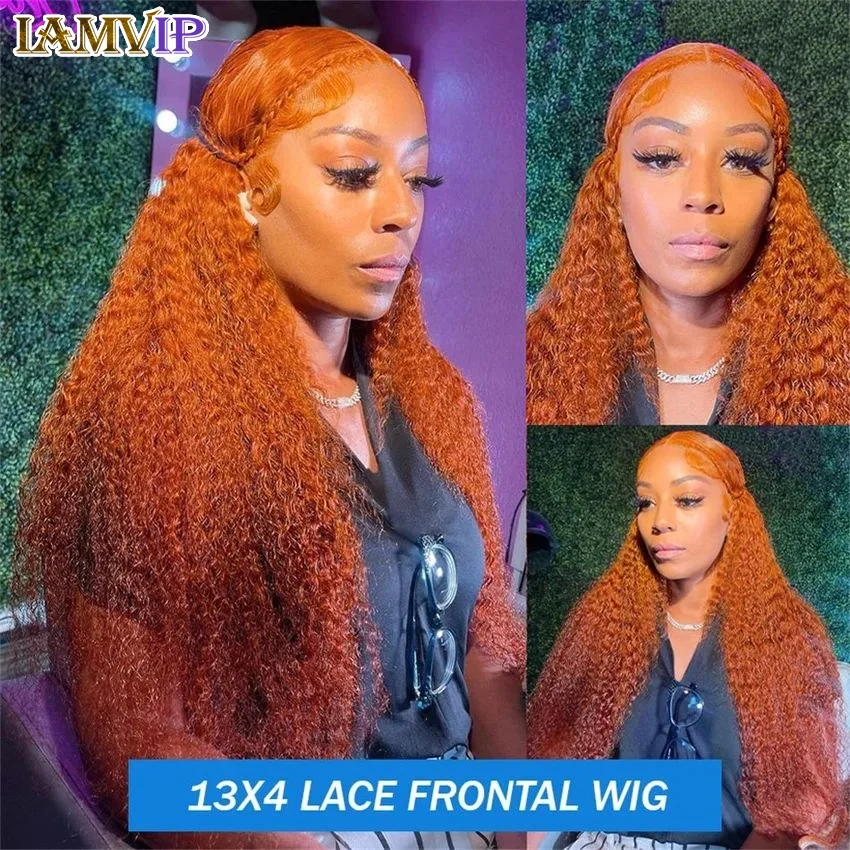 Perruque Lace Front Wig sans colle naturelle bouclée, cheveux humains, Deep Wave, HD, 13x4, 13x6, orange, vidéo, en vente