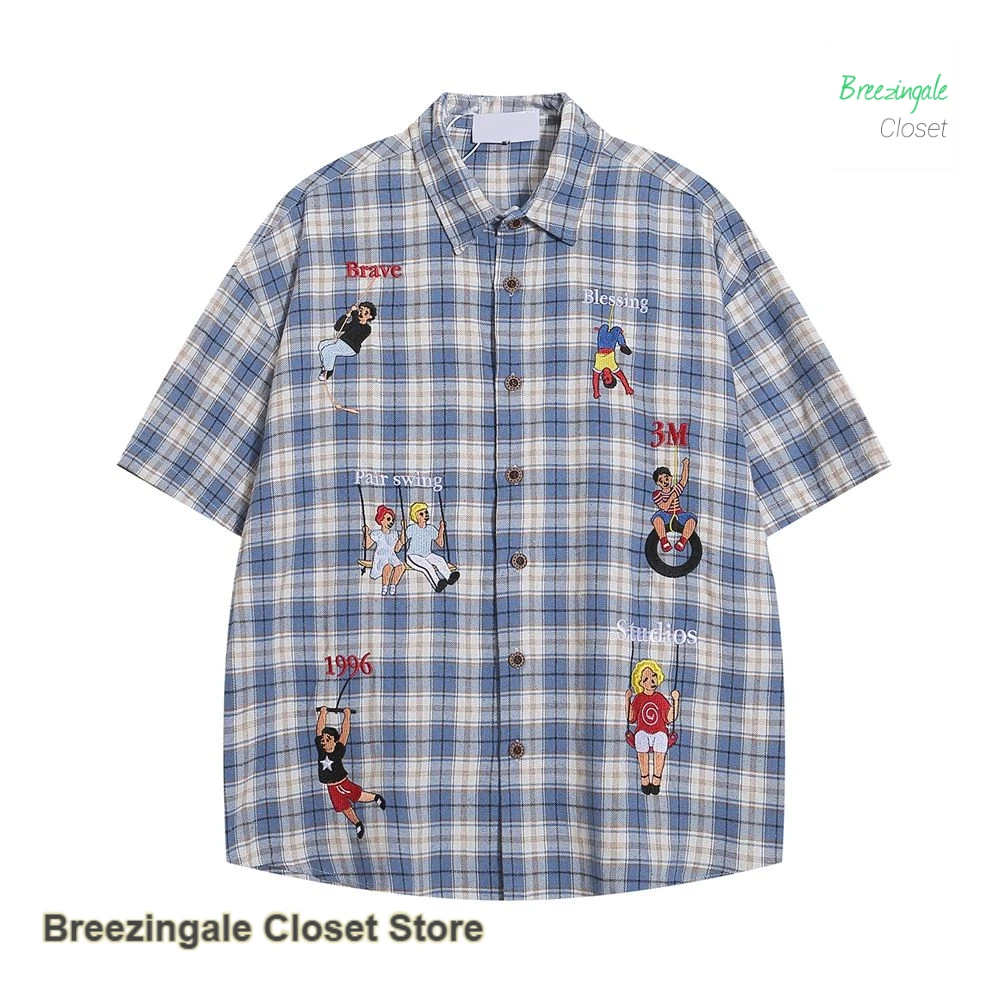 American retro cartoon characters embroidered plaid shirt female summer fashion loose Joker casual cartoon couple short sleeves.