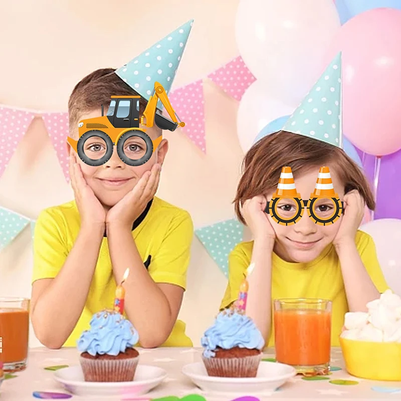 Gafas de papel para construcción de 6 piezas, accesorios para fotomatón, excavadora, camión, Tractor, construcción, decoración para fiesta de cumpleaños, regalos para niños
