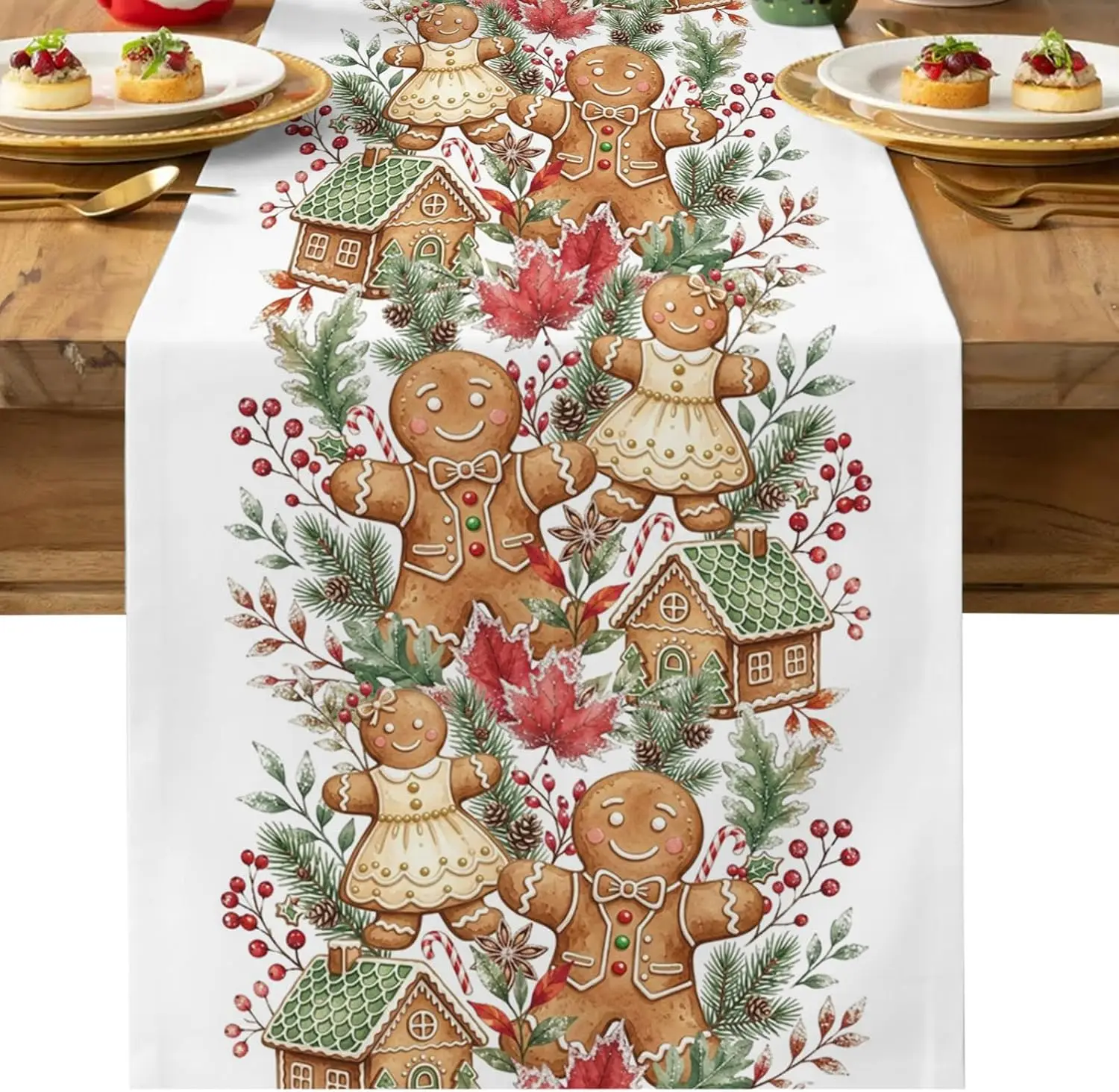 Christmas Gingerbread Pine Branches Berries Table Runner Party Decor Reusable Kitchen Dining Table Runner Christmas Decorations