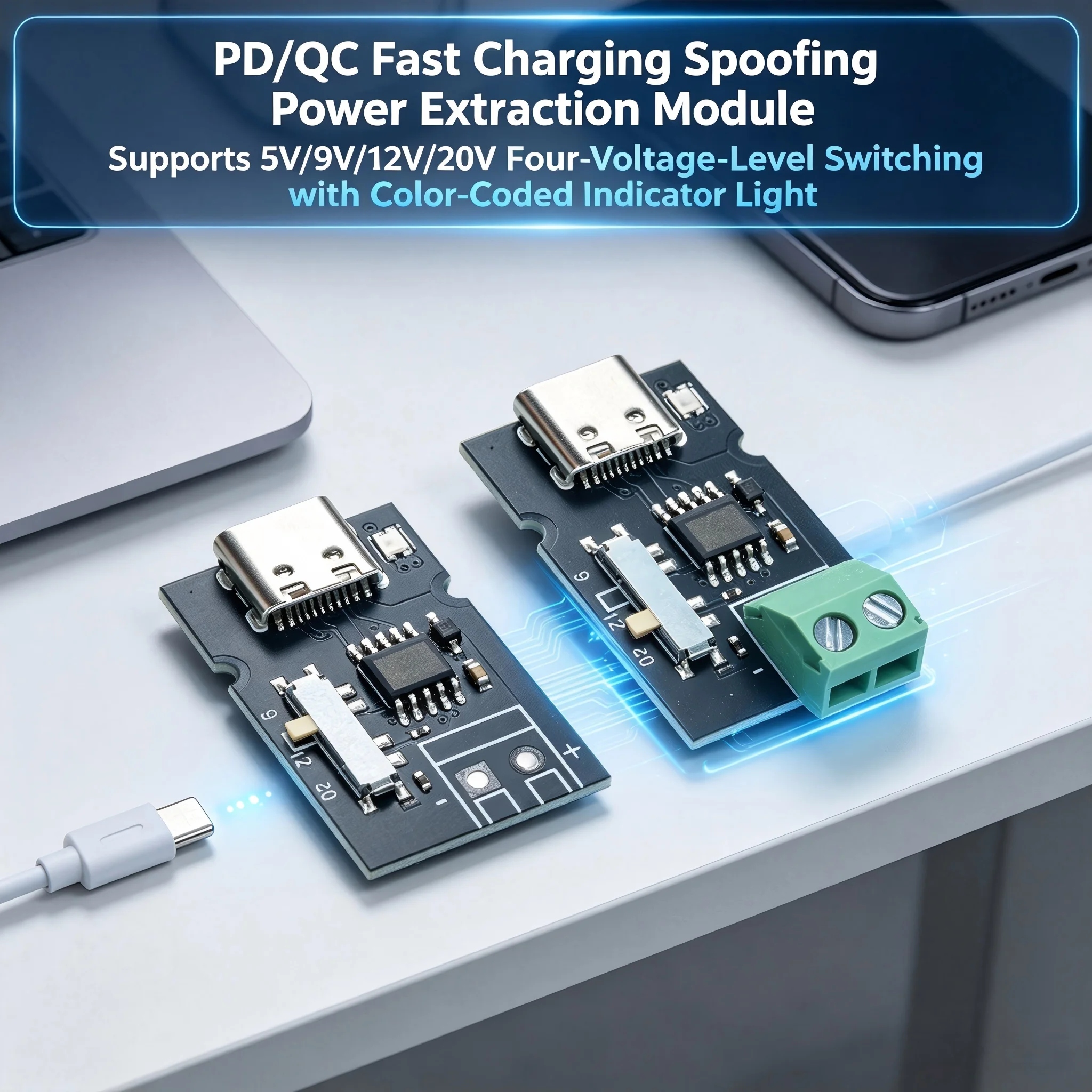 Fast Charging Power Extraction Module with PD QC Support 5V 9V 12V 20V Auto-Switching & LED Indicator for Electronics Experiment