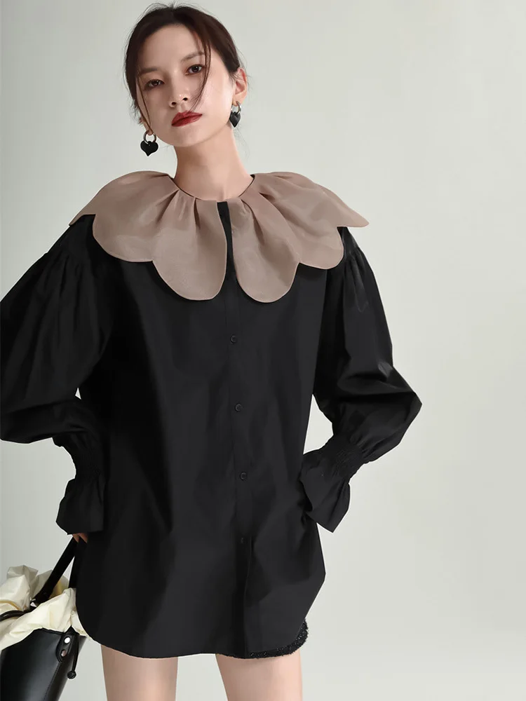 [EAM] Women Black Color-block Big Size Blouse New Round Neck Long Sleeve Loose Fit Shirt Fashion Tide Spring Autumn 2024 1DF5112