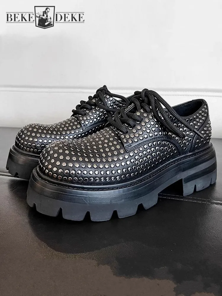 Punk Style Mens Rivets Studded Cowhide Genuine Leather Shoes Lace Up Thick Platform Wedding Party Dress Shoes Handmade Footwear