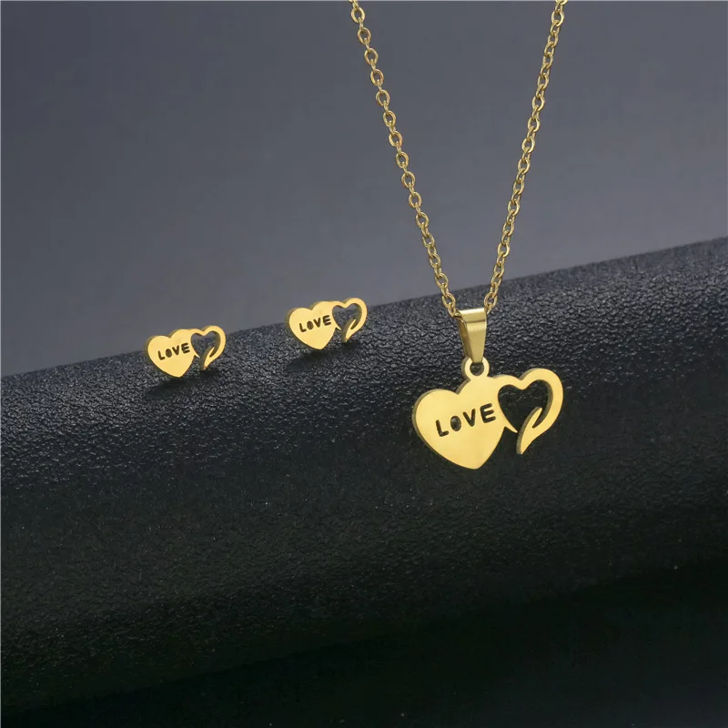 Stainless Steel Jewelry Sets Love Heart Chain Necklaces &  Earings Set Loving I love You Pendant Stud Earring For Girl Women