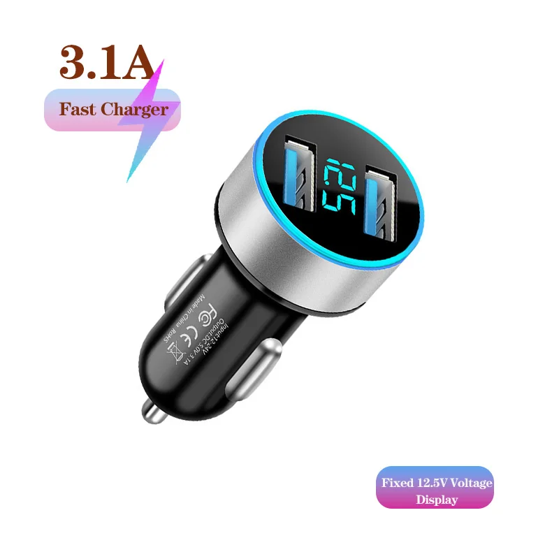 

Aluminum Alloy Frame Dual USB Ports Car Charger Fast Charging Car Cigarette Lighter Flash Charge with Digital Voltage Display