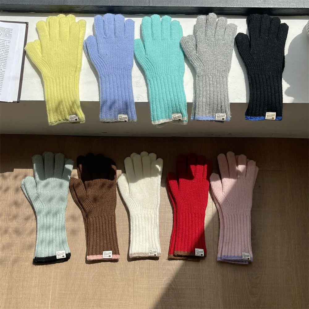 Guantes de punto de color caramelo que pueden tocar la pantalla, lindos guantes de lana para estudiantes con dedos de rocío a prueba de frío para montar en invierno, 27x9CM