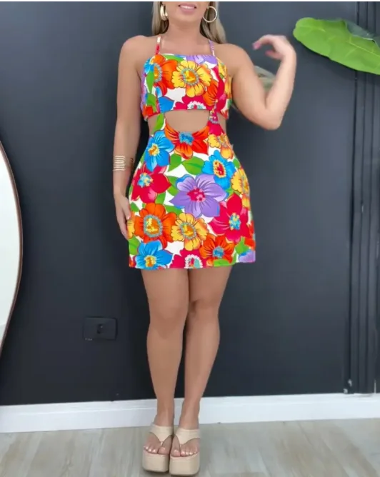 Tuta da vacanza Donna Stampa floreale Canotta senza maniche Tuta senza schienale Y2K Tuta con lacci scavata Tuta da spiaggia sexy