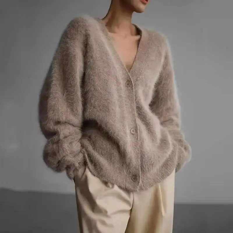 

Spring Autumn Winter Cardigan Sweater Jacket Women 2025 Imitation Mink Fur Versatile Female Sweater V-neck Loose Knitt Lady Tops