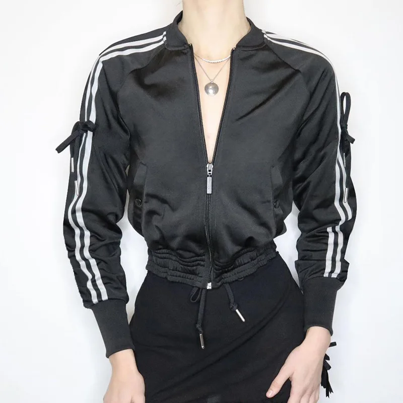 

American street sports style bow striped color coat stand collar women slim all-match zipper casual jacket