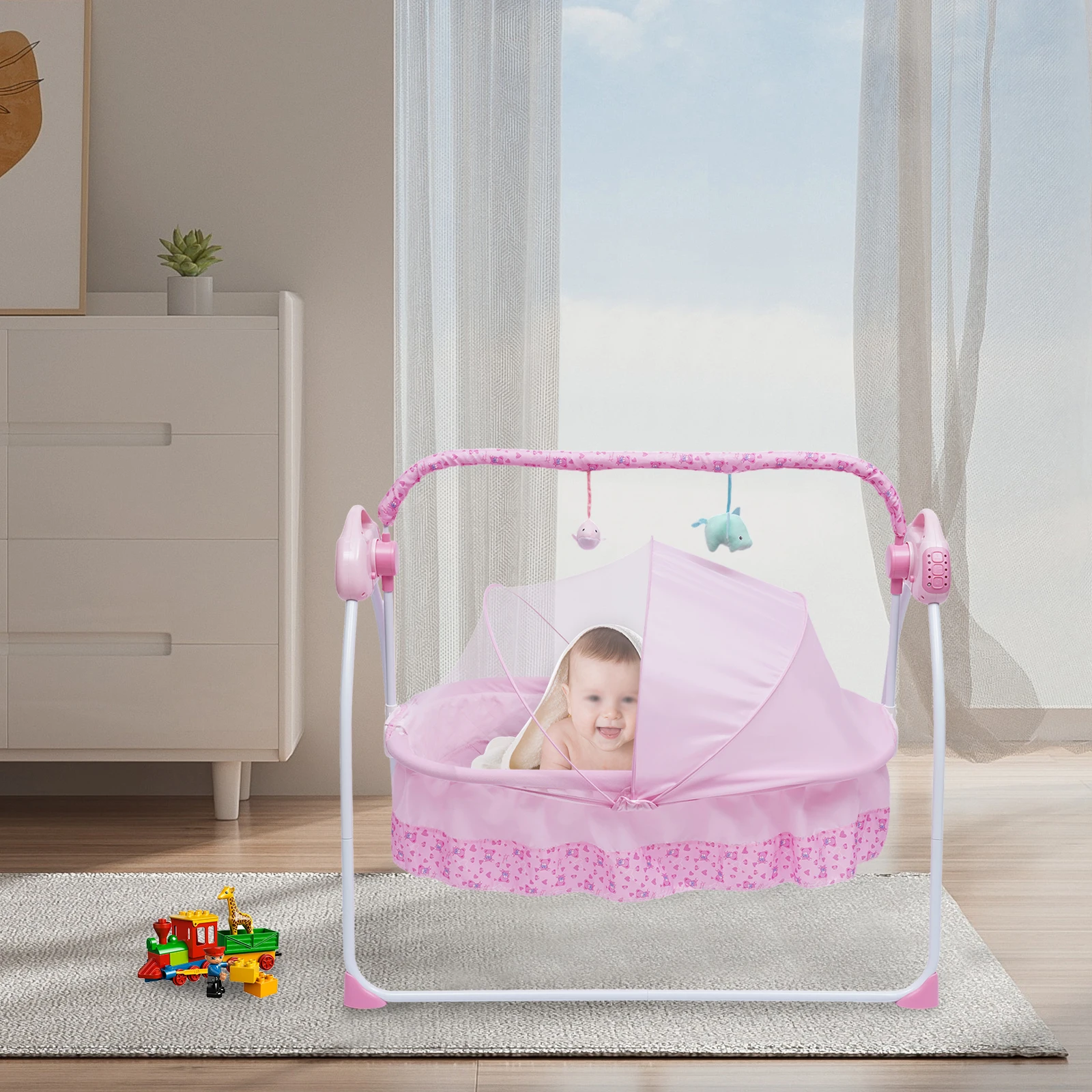 Bymaocar berço elétrico para bebê, 5 engrenagens, bluetooth, balanço automático, cama de dormir, balancim infantil + rede ajustável, berçário