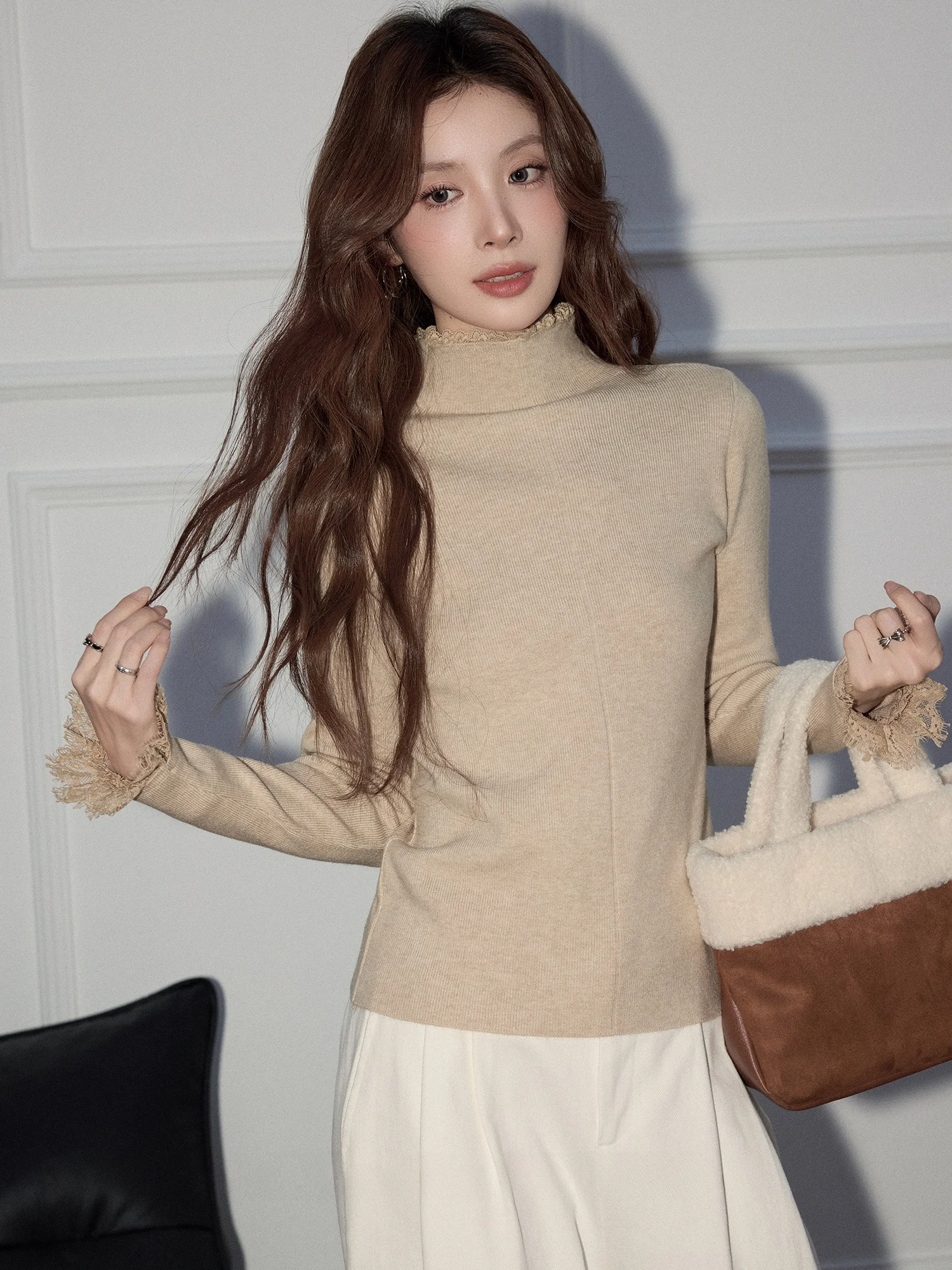 

Мягкий вязаный топ с высоким воротником и длинными рукавами, кружевной, для женщин, осенне-зимняя новинка, базовый слой, премиум-класс