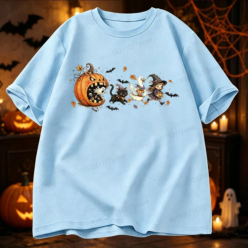 Niedliches Halloween-T-Shirt, Vintage-Cartoon-Kürbis-T-Shirt, Hexen-Grafik-Oberteil, schwarzes Katzen-Enten-Halloween-Shirt, Familien-Partnerlook-Kleidung – Detail 4