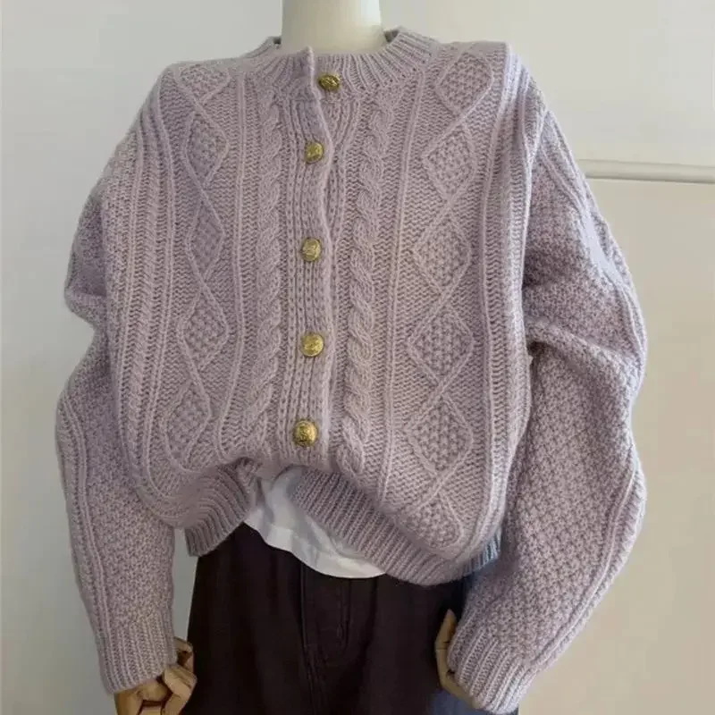 

Korean Purple Twist Knitted Sweater Cardigan Autumn Winter Metal Button Warm Woment Wool Sweater Jacket Versatile E3587