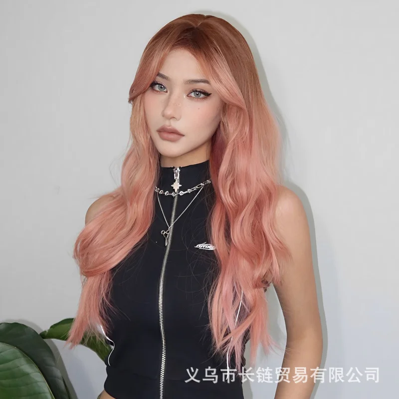 

European and American pink wig, long curly hair with bangs, full head style, high-temperature fiber, suitable for holiday