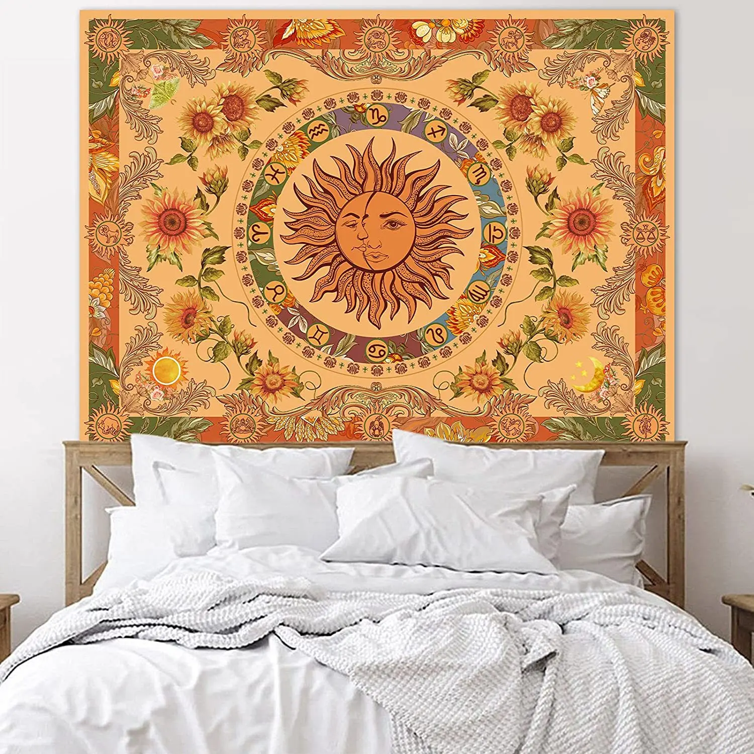 Yellow Sun Moon Tapestry Vintage Indie Boho Tapestry Wall Hanging Sunflowers Butterfly Moth Constellation Sofa Background Cloth