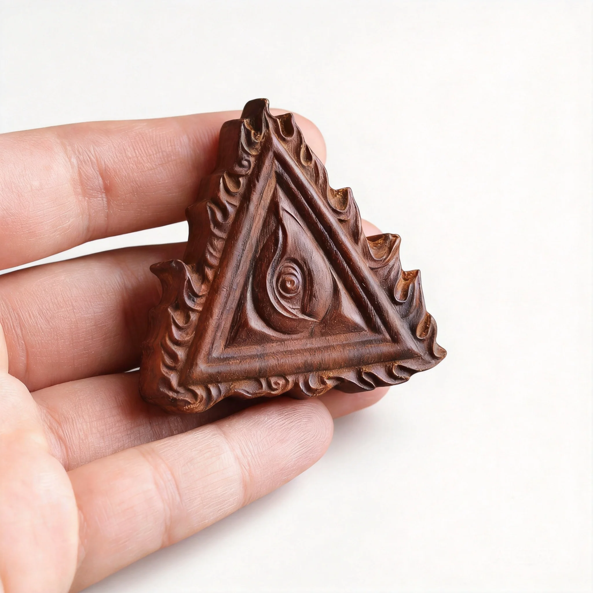 Chinese Style Thunder Struck Jujube Wood Taoist Triangle Golden Seal Double Sided Carved Lucky Blessing Amulet Peace Protection
