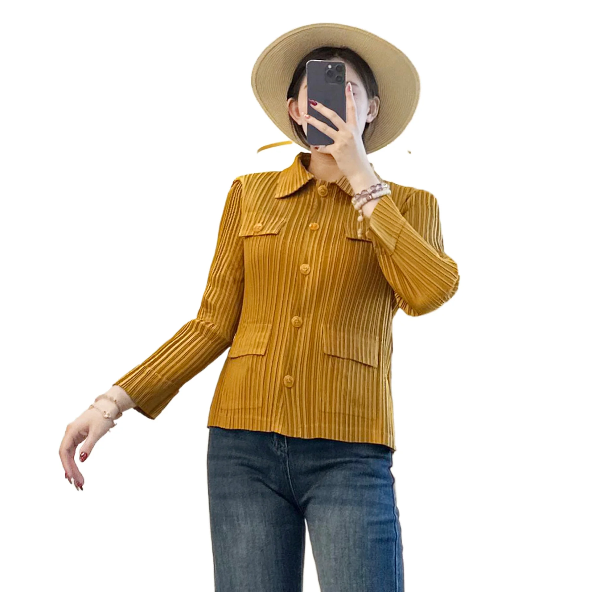 Camicia autunnale Miyake Nuova giacca a pieghe da donna Camicia di nicchia dal design monopetto da donna Top corto con temperamento