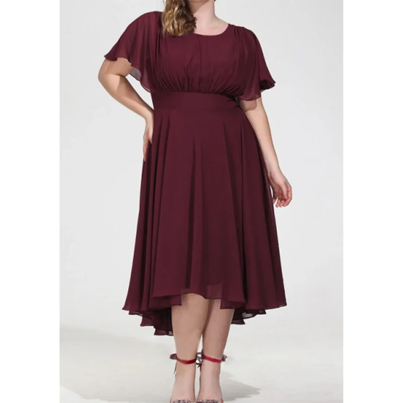 Plus Size Mother of the Bride Dresses Crew Neck Waistband Chiffon Peplum Dress Short Sleeve Party Evening Dress Vestido largo