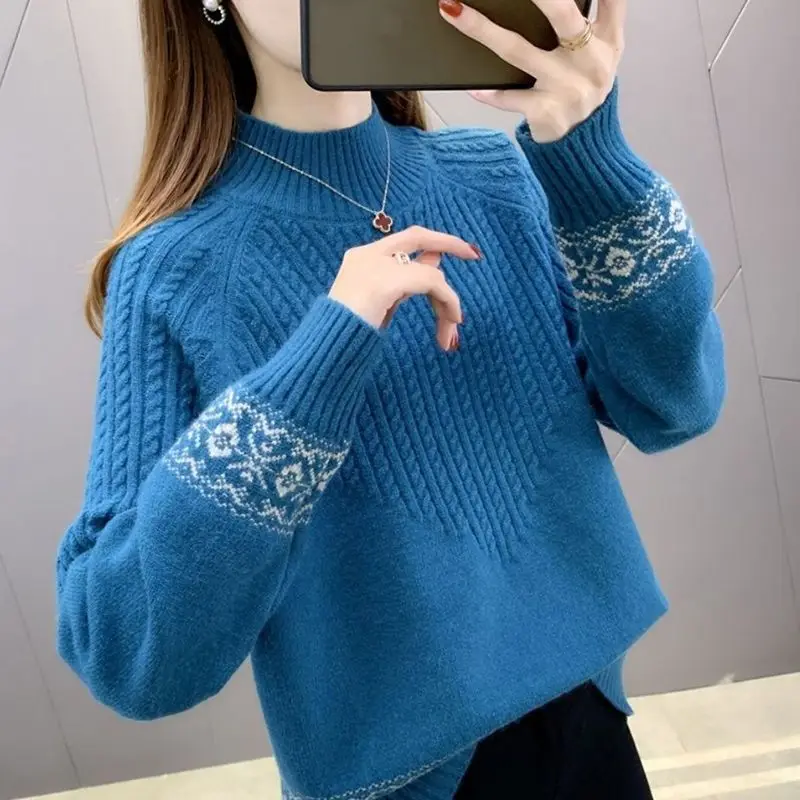 Women Knitted Embroidered Sweater Half Turtleneck Long Sleeve Pullover Autumn Winter Clothing Jumper Tops Femme Bottoming Shirt