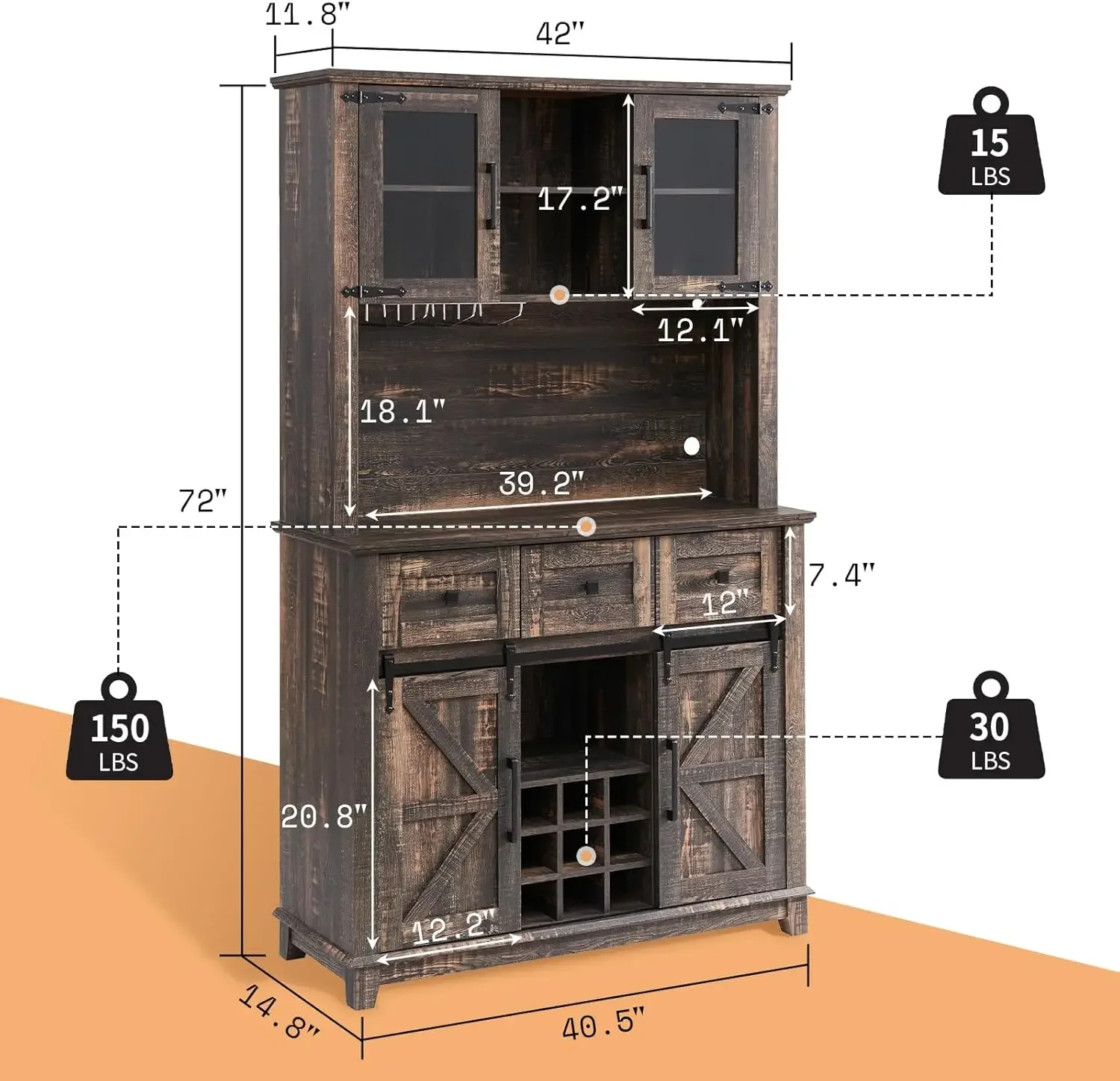 AMERLIFE-Armoire de café-bar avec porte de grange market, 72 en effet, buffet de cuisine de ferme, table de rangement de planche, porte-verres à vin