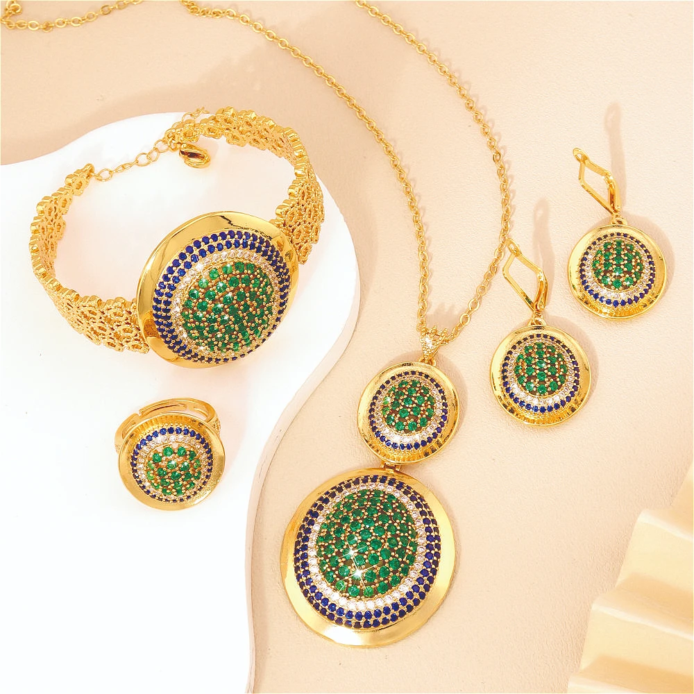 

KDE Luxury Green Zircon Pendant Jewelry Set for Women Gold Necklace Earrings Bangle Ring Wedding banquet