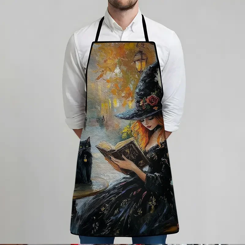 1pc 23.62x31.5inch Witch Cat Print Apron, Unisex Fashionable Home Work Apron for Cooking, Durable BBQ Apron, Washable