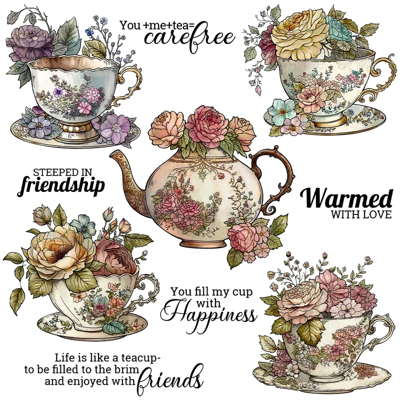 

Vintage Tea Cups Roses Flowers Metal Cutting Dies Clear Stamp DIY Scrapbooking Dies Silicone Stamps For Cards Album
