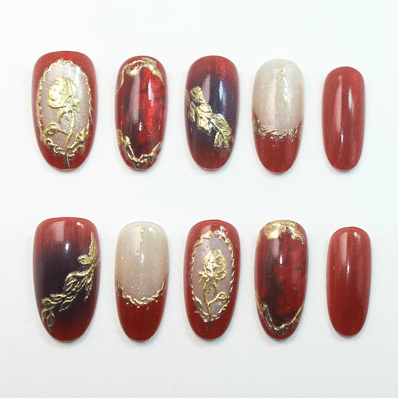 

24PCS Rose Gold Cat Eye Press on Nails Almond Oval Shape Fake Nails Gradient Glow 3D Design High End Luxury Gentle False Nails