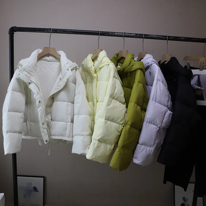 Coréen Sle femmes bouffantes Jaet à capuche jaune Thiened pain Sle ort manteau chaud Long Sve Nylon tissu fermeture à glissière