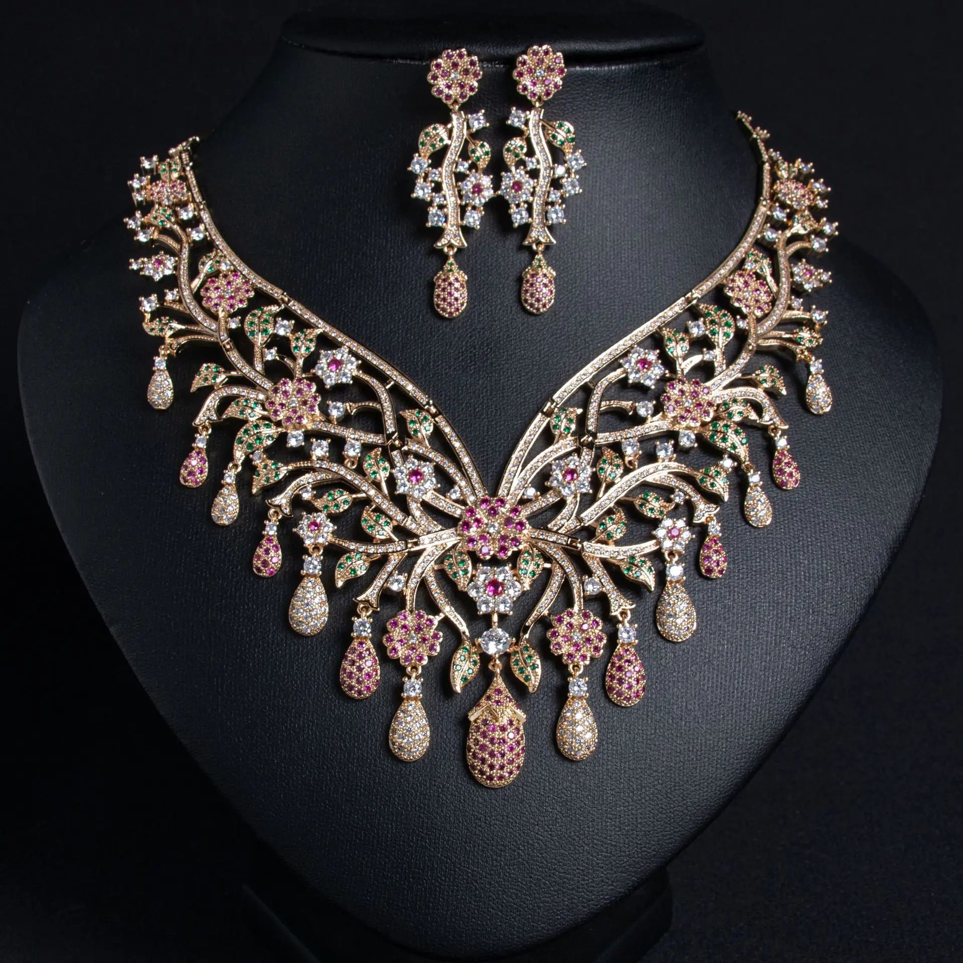 

HIBRIDE New Stunning Unique Ladies Zirconia Jewellery Set Flower Necklace Earrings Party Summer Evening Party Wedding Prom S-613