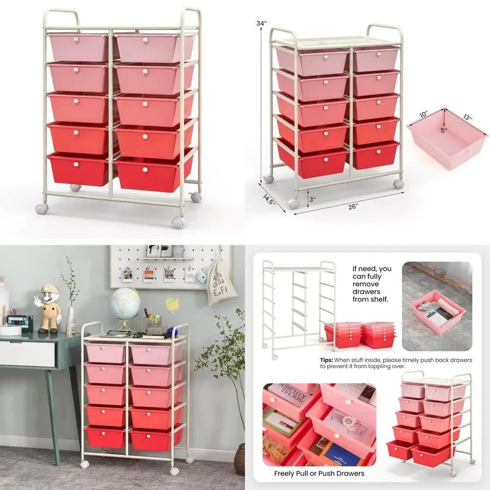 عربة أدوات بإطار معدني متعدد الأغراض مع 10 أدراج، وعربة تخزين متنقلة على عجلات عالمية للاستخدام متعدد الاستخدامات