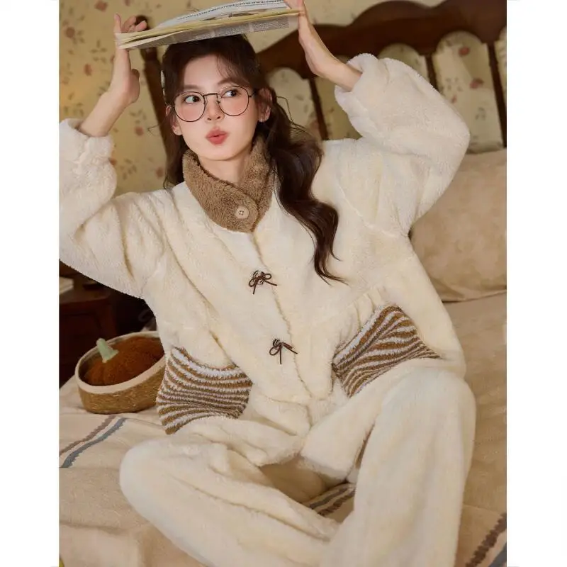 

Winter Girl Coral Fleece Pajamas Suit Kawaii Homewear Soft Nightwear Wearable As Outerwear Pj Student Thicken Sweet Sleepwear