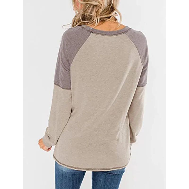 New European and American Women\'s Long Sleeve Splicing Round Neck Casual T-shirt Loose Top