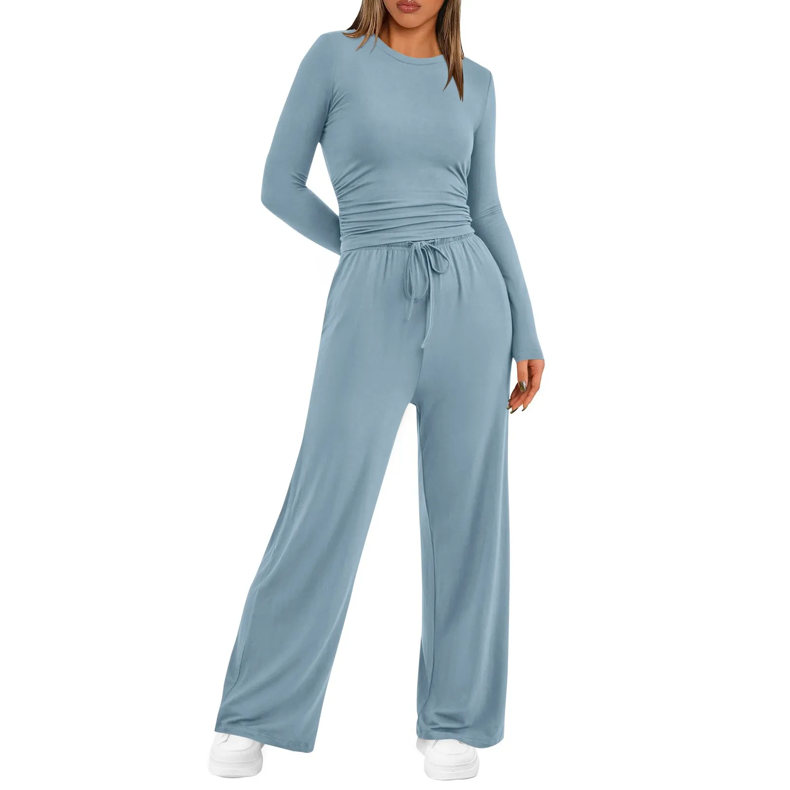 Women\'s 2 Piece Outfits Lounge Sets Ruched Long Sleeve Tops and High Waisted Wide Leg Pants Tracksuit Sets