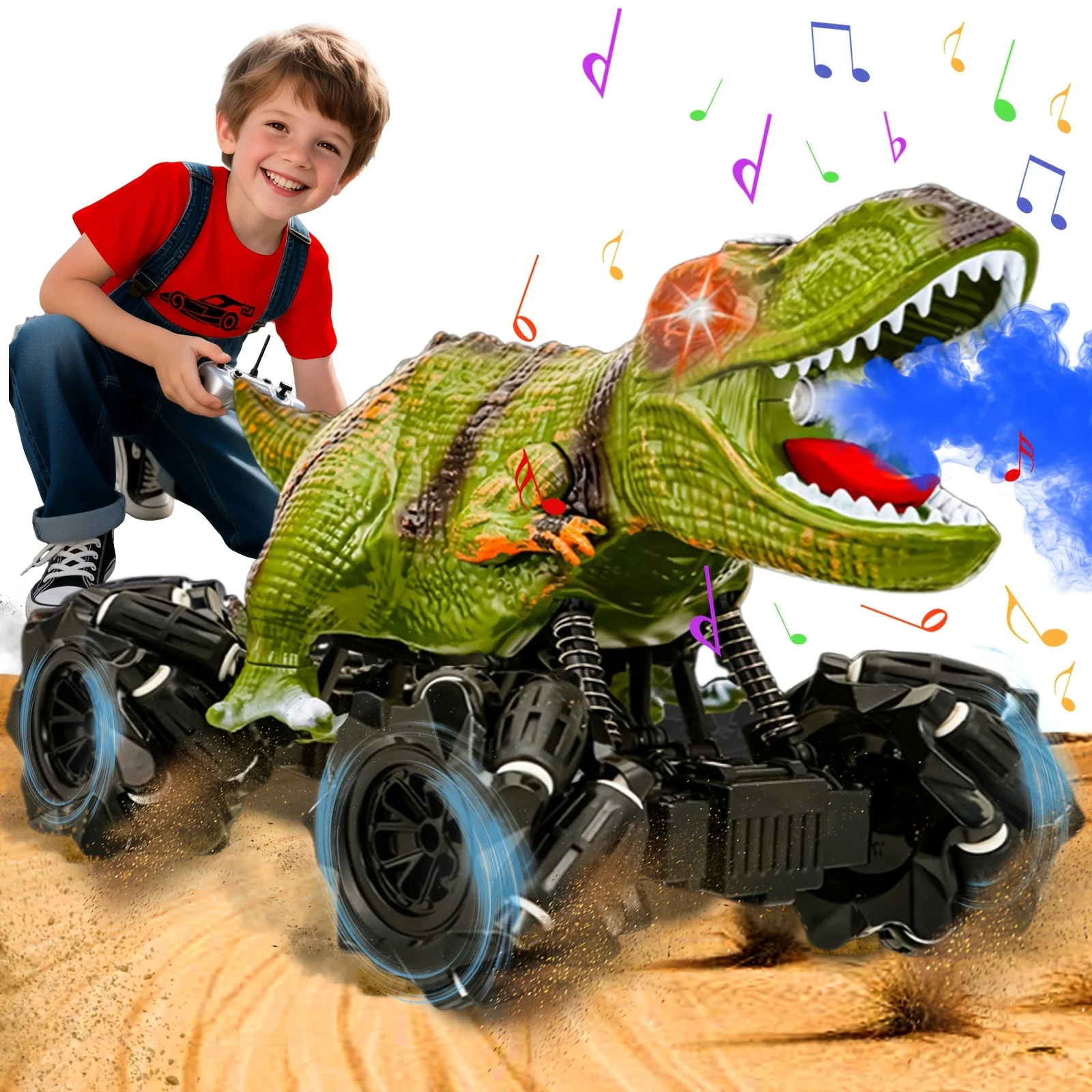 

Dinosaur Stunt Drift Toy Car with LED, sound effects, and water spray. All-terrain toy car—the perfect Christmas gift
