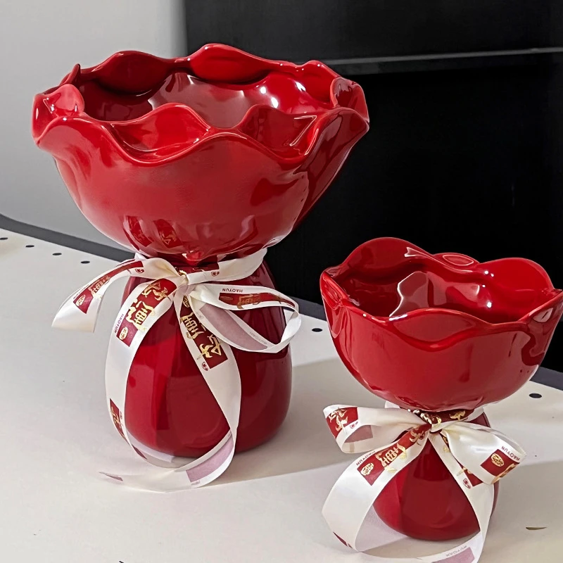 High End Floral Bouquet Ceramic Vase, Light Luxury Flowerpot Flower Arrangement Ornament