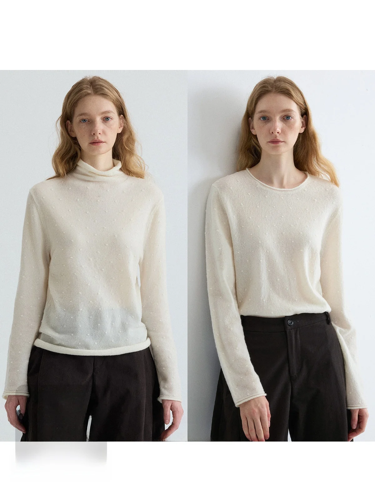 

Skin-friendly Wool Blend Knitwear Color Polka Dot High Collar Cuffed Base Layer Women's Loose Fit Long Sve Top